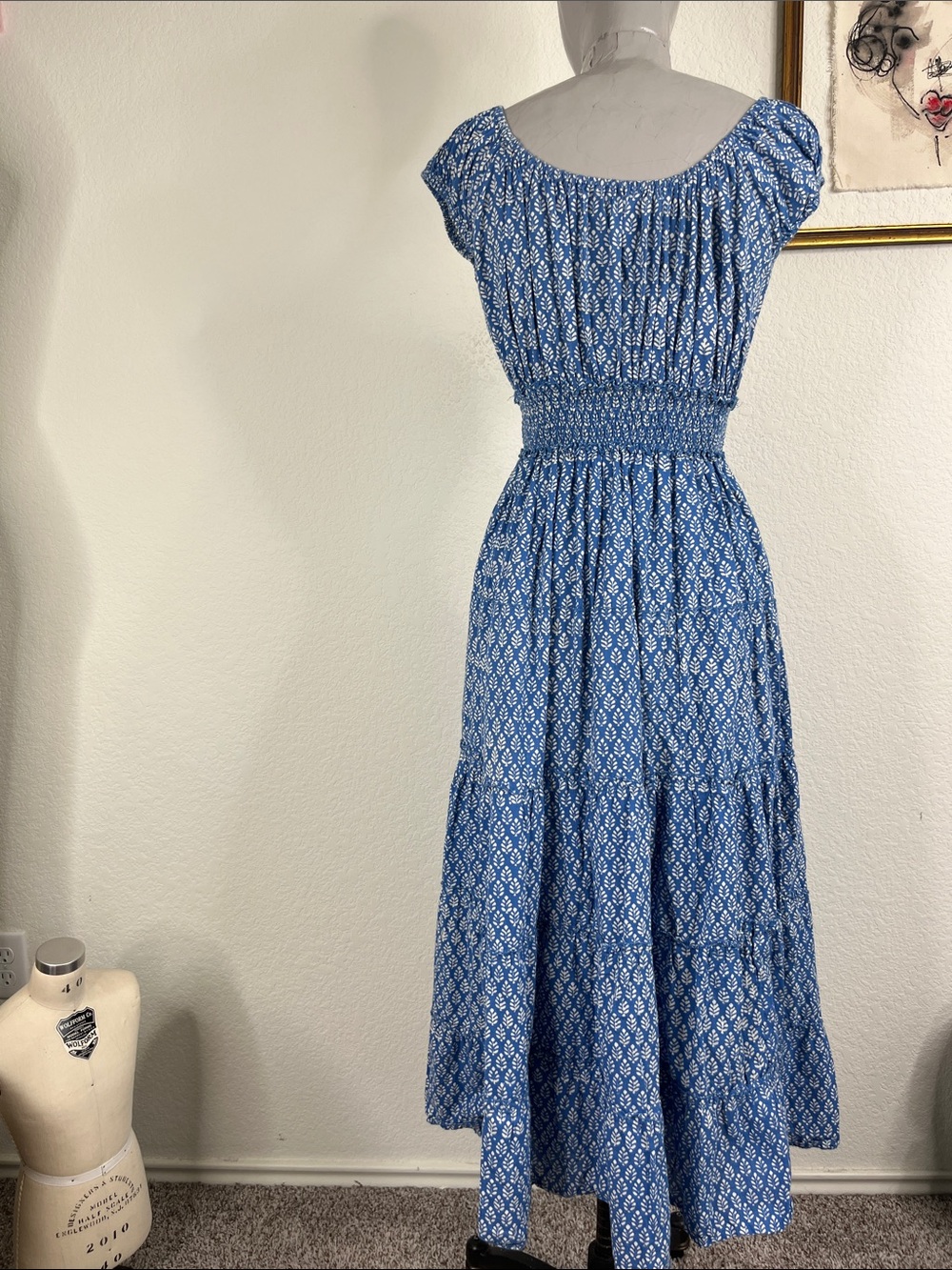 Pink City Prints Buta Rah Rah Smocked Tiered Stamped Floral Print Midi Dress - Picture 5 of 9